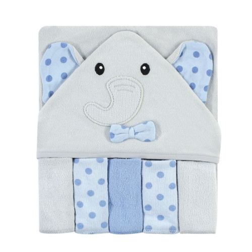 Hudson Baby Unisex Hooded Towel And Five Washcloths, Blue Dots Gray Elephant, One Size