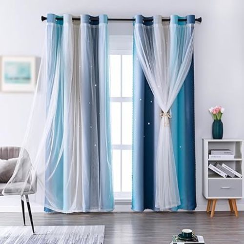 indistar Star Blackout Curtains for Girls Kids Bedroom, Colourful Stripe Window Curtain Panels, 2 Layer Lace Drapes, Room Darkening Curtain for Living Room Decor, 1 Panel（Blue W52 x L63 inch）