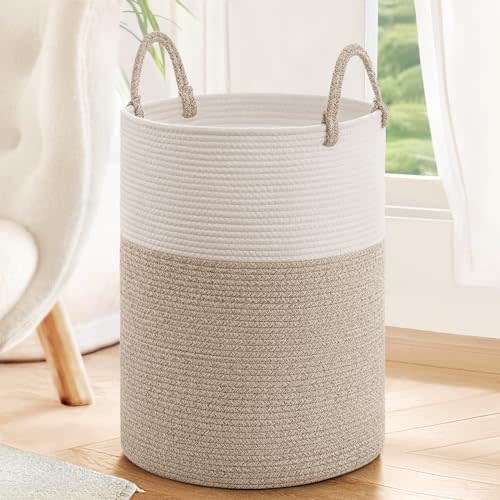 INDRESSME Large Laundry Hamper, Baby Laundry Hamper for Toys, Tall Woven Laundry Basket for Clothes, Blanket Storage Basket for Living Room, 19.7 x 13.8 inches, Light & Brown