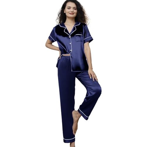 WJing Yi Jia Womens Pajamas Set XS-3XL Floral Silk Satin Pajama Sets Silky Pj Sets 2Pcs Loungewear Sleepwear Button Down Pjs