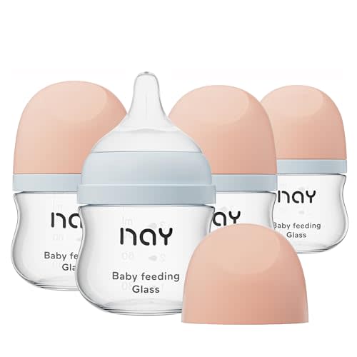 yanyoyo Natural Glass Baby Bottle Wide Neck, Newborn Anti-Colic Baby Bottle, Clear, 3oz(Pack of 4), Includes 4Pcs Slow Flow Nipple(SS), 0 Months+
