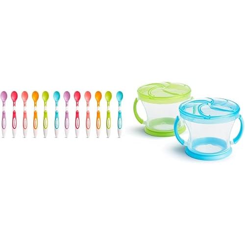 Munchkin® Soft Tip™ Infant Spoons, 12 Count (Pack of 1) & ® Snack Catcher® Toddler Snack Cups, 2 Pack, Blue/Green