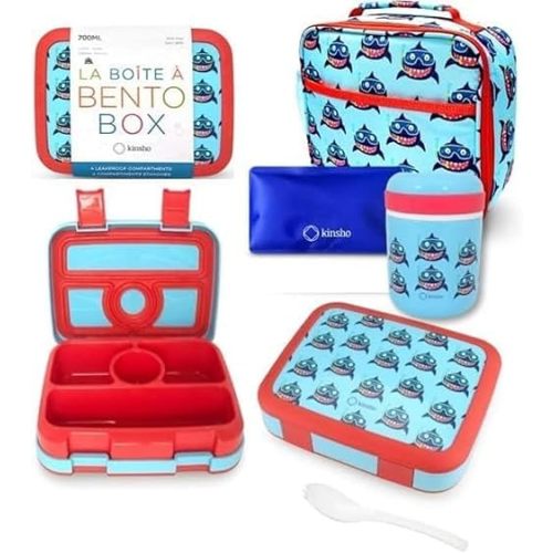 Bento Lunch Box with Thermo Set for Kids, 4 Compartment Bento-Box, Insulated Lunch Bag, Stainless Steel Food Jar, Baby Blue Shark
