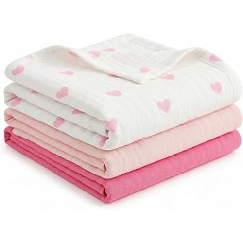 Muslin Swaddle Blankets, 3 Pack Large 47 x 47 in (Gentle Pink, Pink, Love)