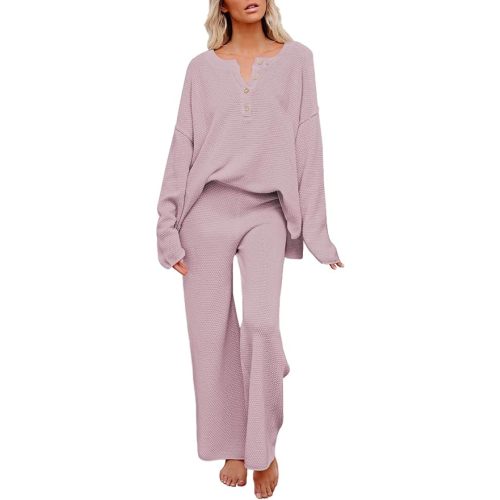 Pink Queen Women's 2 Piece Fall Outfit Lounge Set Long Sleeve Button Pullover Sweater Matching Wide Leg Pants Knit Sweatsuit