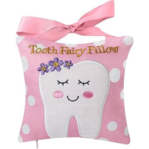 Tooth Fairy Pillow with Pocket for Kids Tooth Keepsake Pouch Tooth Fairy Bag on Back Toothfairy Gift for Boys and Girls, 6.8 x 6.8 inches (Pink)