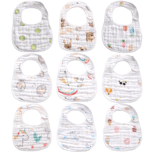 Muslin Drool Bibs for Boys Girls 9 Pack, Adjustable Baby Bibs for Drooling and Teething, Soft Cotton Baby Bandana Bibs for Newborn Feeding Essentials