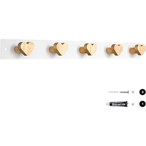 Wall Mounted Wooden Coat Rack for Kids, Wall Mounted Backpack Hanger, Towel Rack with 5 Cute Hooks, No Drilling Needed (Heart-1pc)