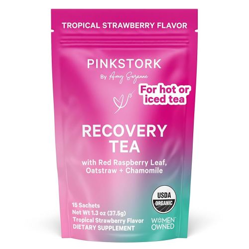 Pink Stork Postpartum Recovery Herbal Tea, Organic Red Raspberry Leaf with Chamomile, Hormone Balance for Women After Labor and Delivery, Strawberry Passion, Hot or Iced, Caffeine-Free, 15 Sachets