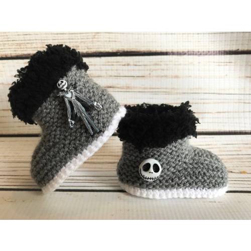 Hand Knitted Goth Baby Boots Booties Christmas Skull Skelton Emo Punk Clothes Shoes Black Grey Alternative Gothic Halloween Spooky Gift 0-12