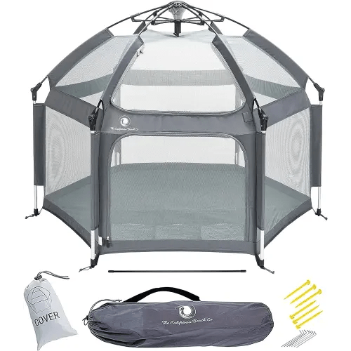 POP 'N GO Baby Playpen - Indoor & Outdoor Playpen for Babies and Toddlers - Baby Beach Tent, Foldable, Portable W/Canopy, Travel Bag, & Mosquito Net - Pop Up Pack and Play Tent (Anchor Grey)