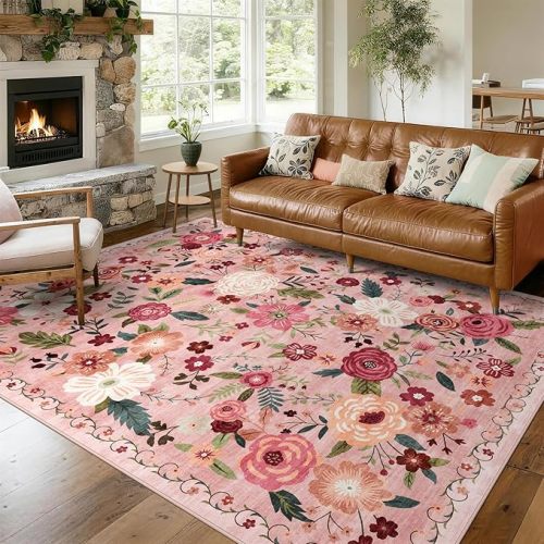 8x10 Washable Area Rug for Living Room, Floral Non-Slip Non-Shedding & Easy Care, Large Soft Low Pile Indoor Floor Carpet for Living Room, Bedroom, Farmhouse, Dining Room, Kids Playroom, Pink