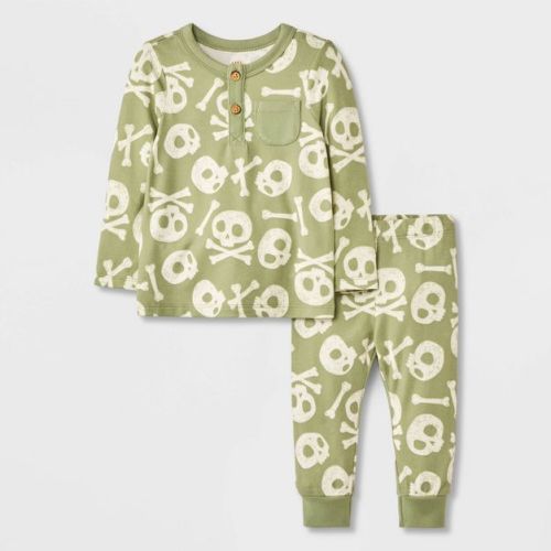 Baby 2pc Halloween Skull & Bones Long Sleeve T-Shirt & Jogger Set - Cat & Jack™ Green Newborn