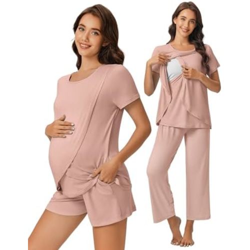 Ekouaer 3 PCS Maternity Nursing Pajamas Set Postpartum Breastfeeding Short Sleeve Shirts, Pregnancy Shorts & Pants Pjs S-XXL