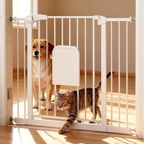 Pet Gate with Adjustable Cat Door, 31–46 Inch Pressure Mounted Dog Gate for Doorways, Stairs and Hallways, Auto Close Walk Through Metal Safety Gate, Easy Install, White