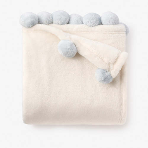 Pale Blue Pom Trim Fleece Baby Stroller Blanket BLUE / 30X40