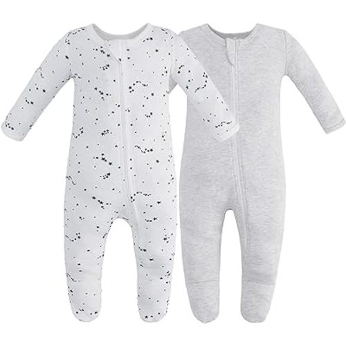 Owlivia Organic Cotton Baby Pajamas, Boys Girls Zip Front Sleep 'N Play, Footed Sleeper, Long Sleeve - B-gray Melange+blue Star - 3-6 Months