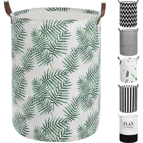Haundry 18 Inches Freestanding Laundry Basket, Collapsible Clothes Hamper Storage with Leather Handle, Medium Laundry Hamper for Home, College, Kids Toys (Leaf, M)
