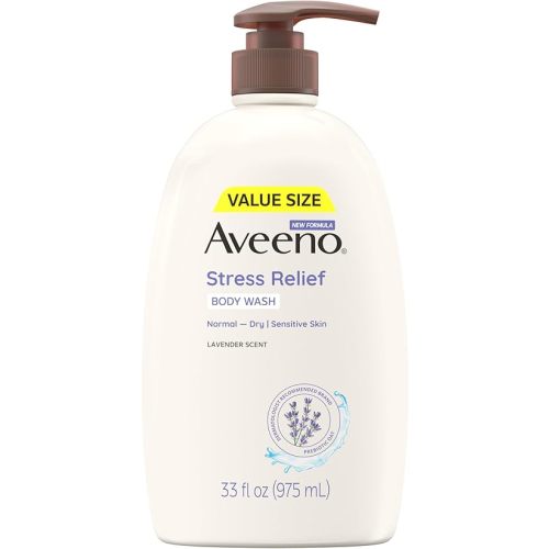 Aveeno Stress Relief Body Wash with Nourishing Oat & Lavender Scent for Sensitive Skin, Gently Cleanses & Helps You Feel Calm & Relaxed in the Shower, Soap-Free, 33 fl. oz