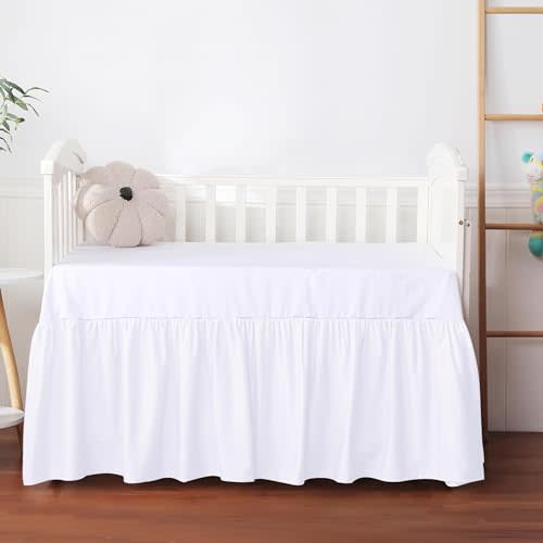 Crib Skirt Dust Ruffle, 100% Egyptian Cotton 400 Thread Count Soft Breathable Crib Bedding Skirt for Baby, Boys and Girls, Fading Resistant (White)