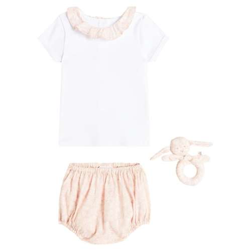 Baby cotton top, bloomers and rattle set, 6 months