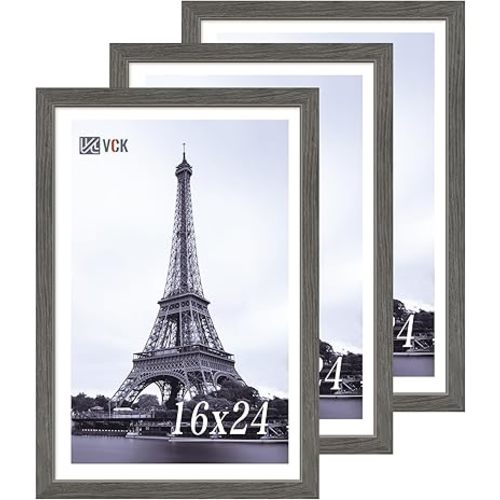 VCK 16x24 Frame Set of 3, Gray Solid Wood Poster Picture Frame, Exclusive Wood Grain, Wall Gallery Frame