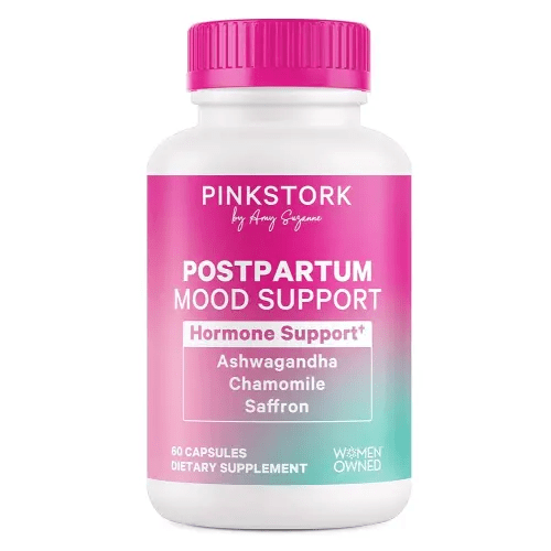 Pink Stork Postpartum Mood Support - Postnatal Hormone Balance for Women - Breastfeeding Friendly - Stress & Cognitive Support, New Mom Essentials - Ashwagandha, Chamomile, Unscented, 60 Capsules