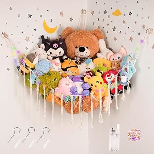 Large Size Stuffed Animal Hammock Corner with LED Light, Cotton Rope Corner Net for Stuffed Animals Storage,Toy Hammock for Stuffed Animals Organizer, Baby Nursery Bedroom Decor(XL-Beige)