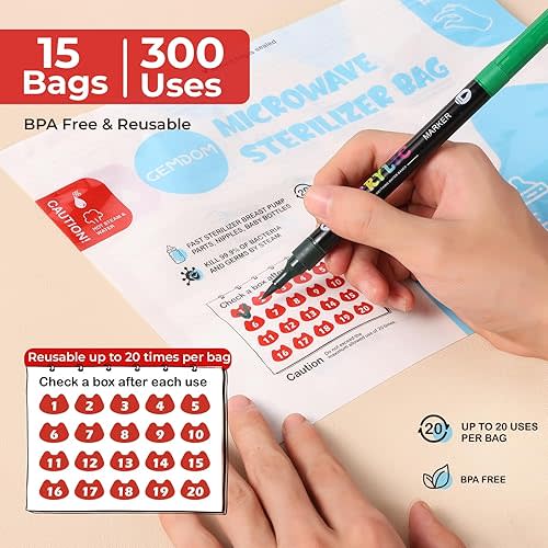 15 Pack Microwave Steam Sterilizer Bags Plus, Large Size for Baby Bottles Soothers, Teethers, Breast Pump Parts, Training Cups and Accessories, 20 Uses Per Bag, Baby Travel Essential
