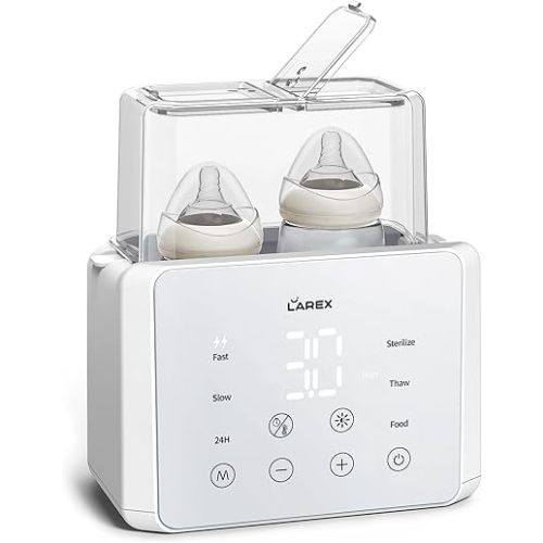 LAREX Double Bottle Warmer, 11-in-1 Fast Baby Bottle Warmer for Breastmilk and Formula, with Timer, Fits 2 Bottles, Accurate Temp Control, Milk Warmer with Thaw, Steri-lizing, Keep Warm, Heat Food