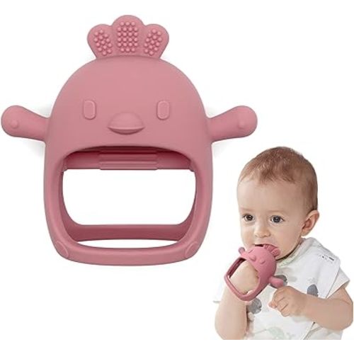 Chick Shape Baby Teething Toys, Never Drop Hand Wrist Teether, Baby Chew Toys for Sucking Needs, Food-Grade Silicone Baby Mitten Teether for Soothing Teething Pain Relief, Easy to Grip (Dark Pink)