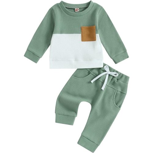 6-12M-Kupretty Toddler Baby Boy Fall Winter Clothes Color Block Long Sleeve Sweatshirt Pullover Tops + Joggers Pants Outfit Set
