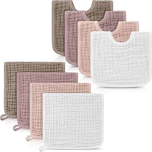 Tallew 8 Pack Muslin Burp Cloths and Baby Bibs for Boy Girls, Elegant Color