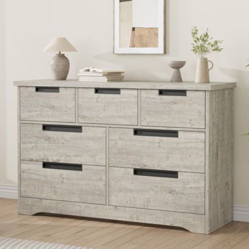 7 Drawer Dresser for Bedroom, Gray Modern Double Dresser Organizer with Embedded Handles Design, Wooden Chest for Living Room, Nursery, Hallway