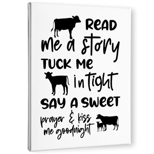 PHAMTE Cow Nursery Decor, Cow Wall Decor- Read Me a Story Tuck Me In Tight, Farm Nursery Decor, Farm Animal Cow Poster Print Framed Canvas Painting For Kids Bedroom Nursery Home Decor(11x14 Inch)