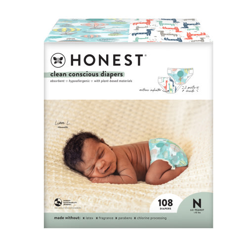 The Honest Company Clean Conscious Baby Diapers, Above It All + Multi-Colored Giraffes, Size NB, 108 Count Large Box