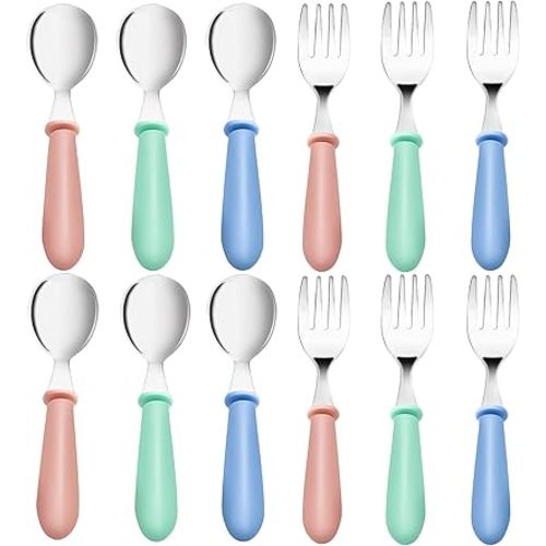 12 Pieces Toddler Utensils,Stainless Steel Baby Forks and Spoons Silverware Set,Kids Silverware Set Children's Cutlery Set with Round Handle,Toddler Flatware Fork Spoon Set,Dishwasher Safe