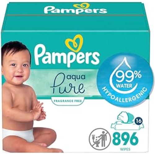 Pampers Aqua Pure Sensitive Baby Wipes, 99% Water, Hypoallergenic, Unscented Baby Wipes, 896 Baby Wipes Total (16 Flip-Top Packs)
