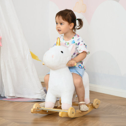 Qaba Rocking Horse, 2 in 1 Kids Ride on Horse, Rolling Unicorn Animal Rocker with Sound, Wooden Base, Pedal, Grip Handle, Plush Riding Pony for 3-6 Years Old, White | Wayfair