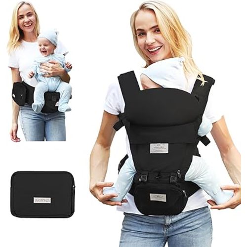 FRUITEAM Baby Carrier Newborn to Toddler, Safety-Certified Baby Carrier with Hip Seat, Ergonomic 6-in-1 Baby Carrier with Head Support, Adjustable & Removable Baby Holder for All Seasons, Black