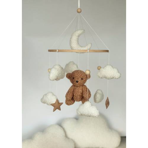 Teddy bear boucle baby mobile Moon and clouds boucle nursery Neutral gender mobile Baby mobile neutral Gift for a baby Baby boucle