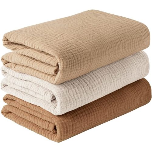 Konssy 3 Pack Muslin Swaddle Blankets for Unisex, Newborn Receiving Blanket, Large 47 x 47 inches, Soft Breathable Muslin Baby Swaddles for Boys & Girls - Brown