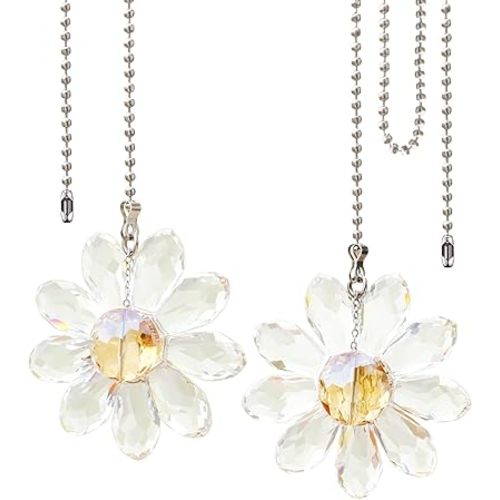 LEFERS Ceiling Fan Pull Chain, 2 Pieces 1.8" Crystal Glass Flower Pendants with 24" Ceiling Fan Chain Extender and Connector (Clear)