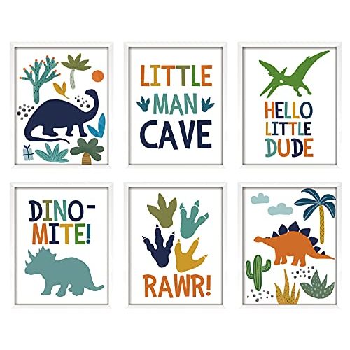 ArtbyHannah Framed Dinosaur Nursery Wall Decor, 8x10 inch Cute Baby Wall Art Room Decor for Kids, Prehistoric Adorable Animals Artwork Prints for Playroom Bedroom Baby Shower Decoration(4 Pack)