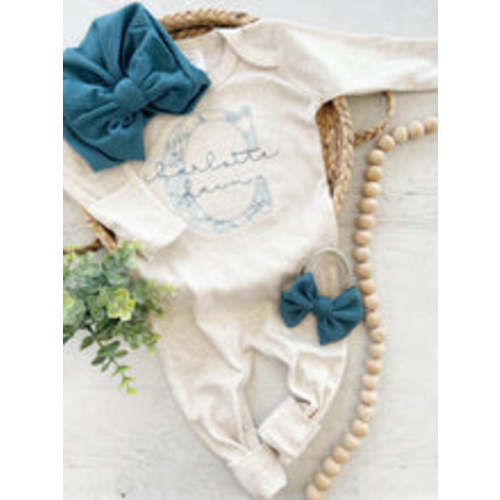 Personalized Baby Girl Outfit | Oatmeal Romper Soft Blue Floral Baby N – Wonderfully Made