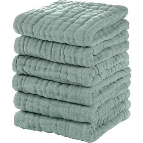 Muslin Baby Washcloths 6 Pack, 100% Cotton Wash Cloths for Babies, Large 12''X12'' Burp Cloths Absorbent and Soft for Newborn Infants Kids Boys Girls - Dark Green