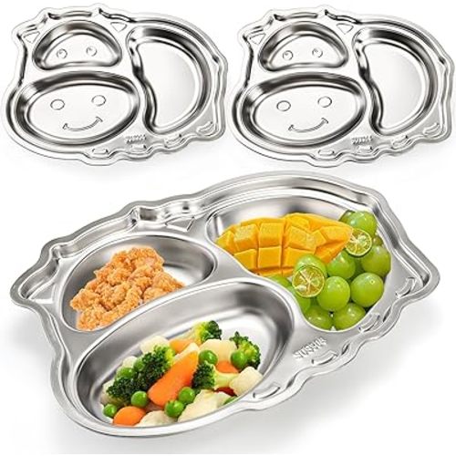 ZOOFOX 3 Pack Stainless Steel Divided Plates, 18/8 Metal Unbreakable Portion Control Plate with 3 Sections, Cute Cow Shaped Steel Plates for Kids, BPA Free
