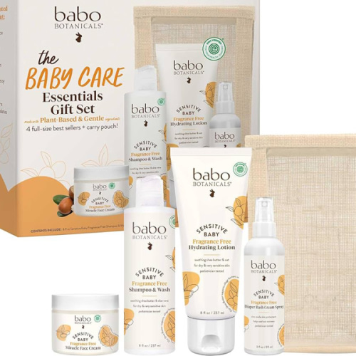 Babo Botanicals Baby Care Essentials Gift Set - Skincare, Bath & Diaper - For Delicate Skin, Fragrance-Free with Shea Butter, Includes Reusable Carry Pouch - Natural & Plant Based - 5 Items Set
