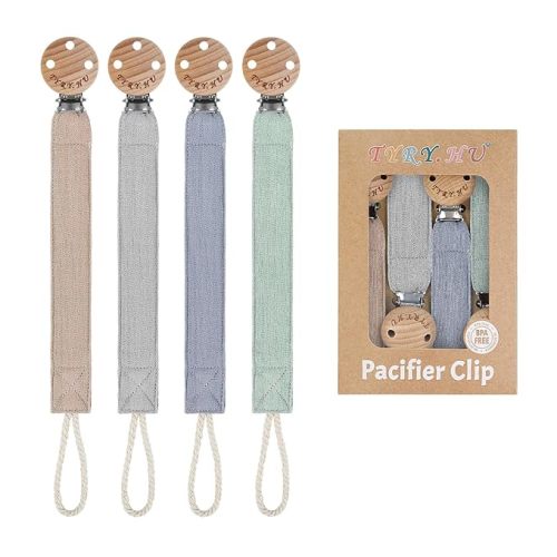 TYRY.HU Ribbon Pacifier Clip Holder,4 Pack Binky Paci Holder Clips, Pacifier Leash for Boys and Girls, Soft Webbing Strap Universal Fits for Most Pacifier, Styles & Teethers(Khaki,Grey,Blue,Green)