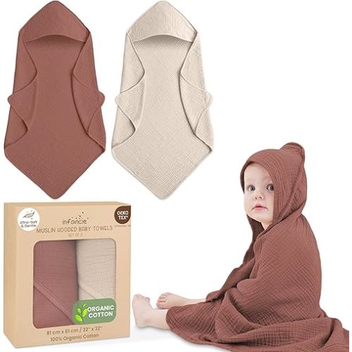 Organic Cotton Muslin Baby Hooded Towels - 32x32 Inch, 2 Pack Newborn Bath Towels for Boys & Girls, Soft & Absorbent Bath Set (Rust/Ivory)